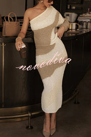 Soft Autumn Knit Colorblock One Shoulder Sleeve Ribbed Trim Loose Sweater