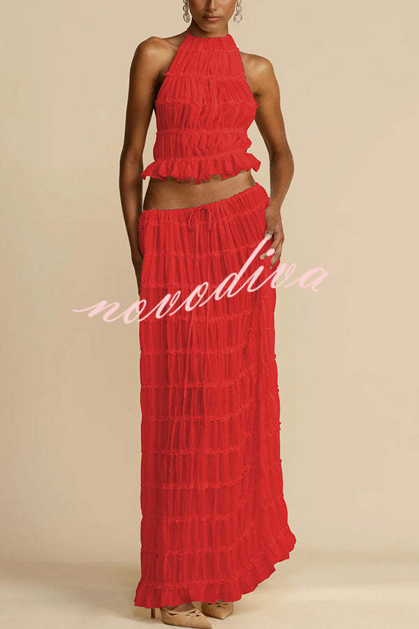 Versatility and Vintage Charm Pleated Drawstring Waist Tiered Maxi Skirt