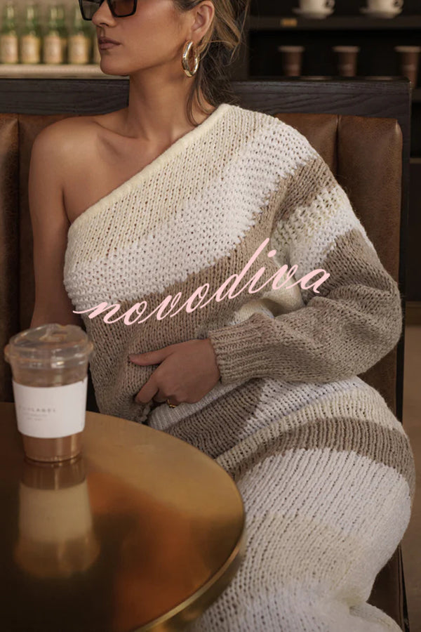 Soft Autumn Knit Colorblock One Shoulder Sleeve Ribbed Trim Loose Sweater