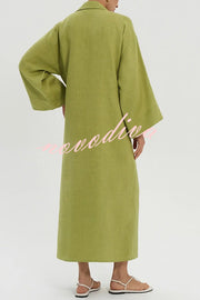 Linen Blend Solid Color Casual Lapel Tie Loose Maxi Dress