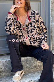 Leopard Print Crew Neck Long-sleeved Loose Knit Cardigan