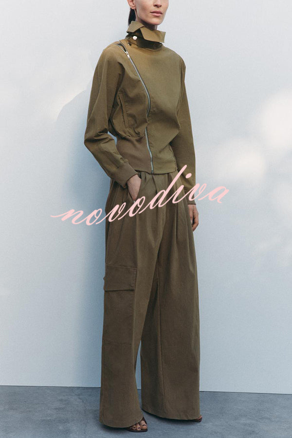 Fashionable High-neck Long-sleeved Zippered Simple Jacket