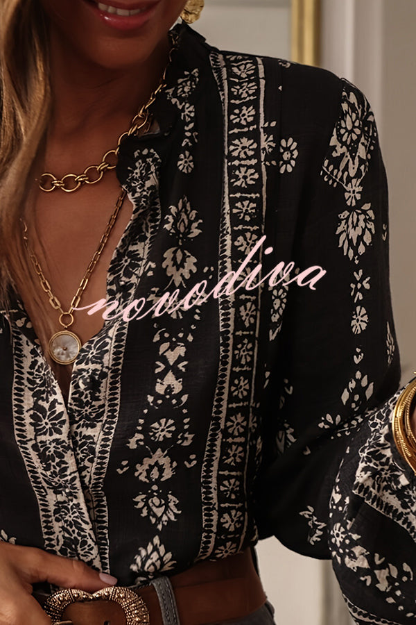 Unique Print Long-Sleeved Button-Up Elegant Shirt