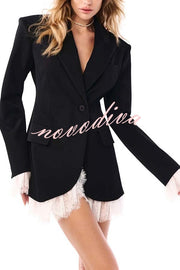 Cue The Chic Lace Trim Button Long Sleeve Lapel Blazer Mini Dress