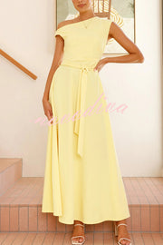 Solid Color Sloped Collar Slim Fit Waist Lace Up Full Hem Maxi Dress