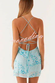 Looking Amazing Sequin Beaded Material Back Lace-up Cami Mini Dress