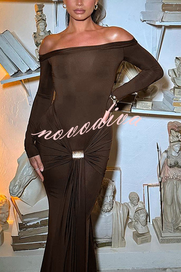 Naia Off Shoulder Long Sleeve Metal Buckle Adjustment Drape Stretch Maxi Dress