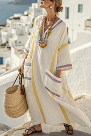 Striped Print V-Neck Casual Loose Pocket Maxi Dress