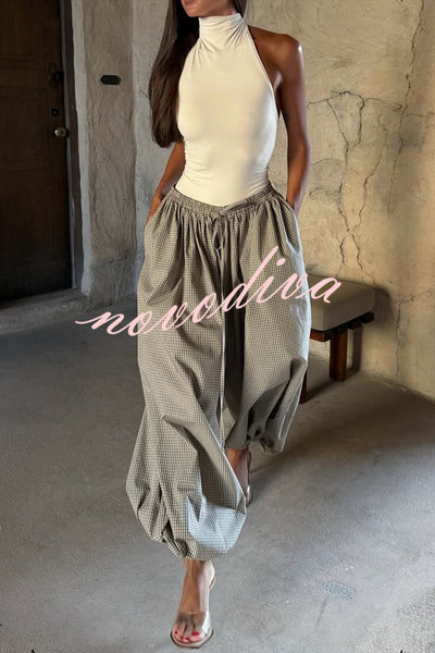 Fashion Plaid Print Elastic Waist Pocket Loose Wide-leg Pants