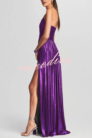 Goddess Temperament Metallic Pleated Fabric Off Shoulder Slit Maxi Dress
