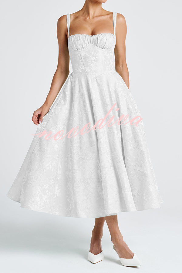Palace Style Jacquard Fabric Backless Tie Slim Midi Dress