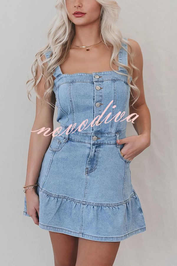 Solid Square Neck Suspender Button Pocket Denim Mini Dress