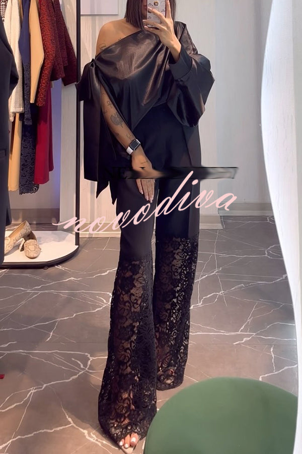 Chic Moment Satin Irregular Knot Slit Sleeve One Shoulder Loose Blouse