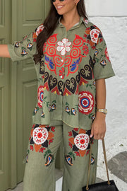 Fiji Ethnic Unique Printed Casual Shirt and Elastic Waist Wide Leg Pants Set