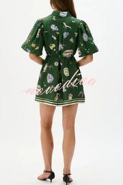 Linen Blend Unique Print Puff Sleeve Casual Mini Dress