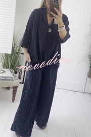 Fashion Striped Print Lapel Loose Top and Elastic Waist Casual Wide-leg Pants Set