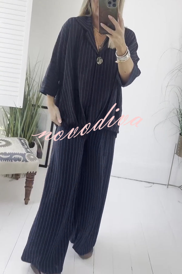 Fashion Striped Print Lapel Loose Top and Elastic Waist Casual Wide-leg Pants Set