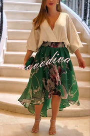 Tessy Batwing Sleeve Top and Floral Elastic Waist Pearls Detail High Low Midi Skirt Set