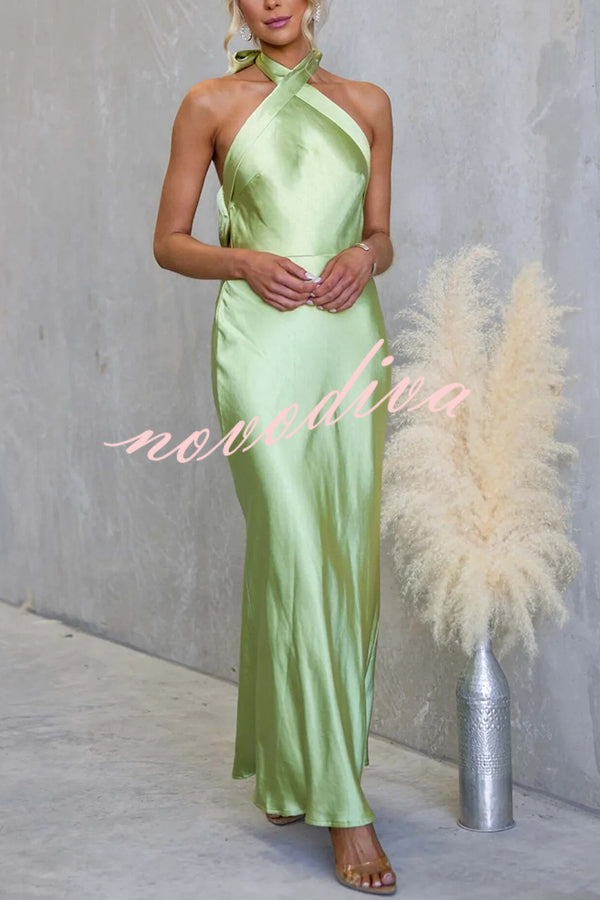 Satin Fashion Halter Backless Slim Elegant Maxi Dress