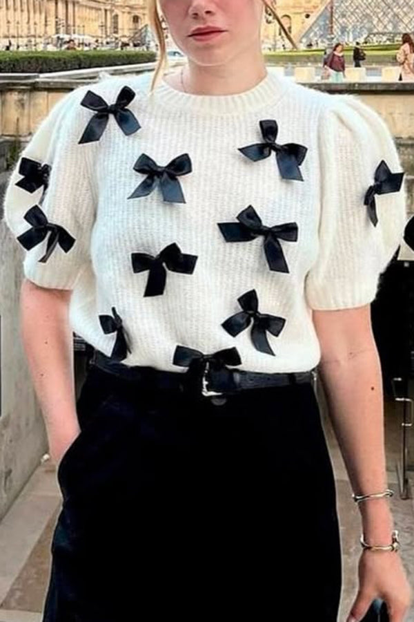 Stylish Bow Decoration Round Neck Puff Sleeve Casual Knit Sweater