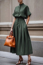 Fashionable Stand-up Collar Short-sleeved Casual Shirt and Pleated Pocket Midi Skirt Set