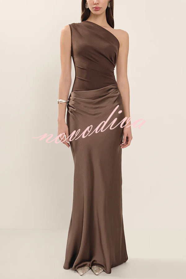 Kaia Satin Contrast Fabric Patchwork One Shoulder Ruched Maxi Dress
