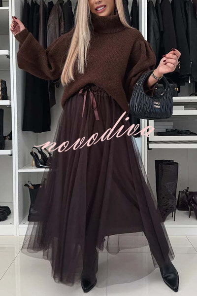 Romantic Winter Tulle Bow Elastic Waist Pleated Maxi Skirt