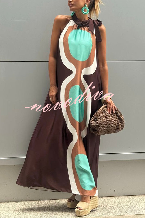 Unique Print Sleeveless Halter Neck Loose Holiday Maxi Dress