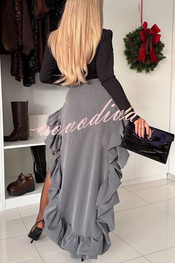 Toast To Midnight Solid Color High Rise Irregular Ruffled High Low Maxi Skirt