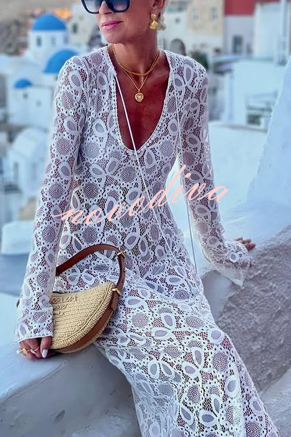 Santorini Sunset Floral Lace Long Sleeve Slit Vacation Maxi Dress