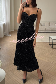 Yulissa Velvet Sequin Petal Sweetheart Neck Slip Stretch Maxi Dress