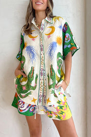 Holidays of Heaven Linen Blend Special Unique Printed Blouse and Elastic Waist Pocketed Shorts Set