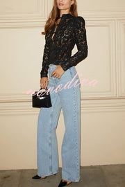 Fashion Hollow Lace Stand Collar Long Sleeve Slim Shirt