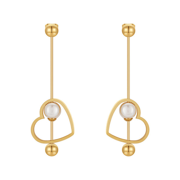 18K Gold Titanium Steel Heart-shaped Peach Heart Pearl Earrings