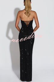 Mirabella Sequin Pleated Cowl Scooped Neckline Back Lace-up Strapless Maxi Dress