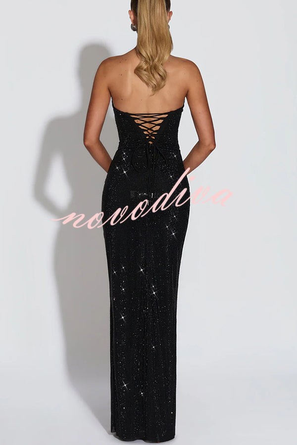 Mirabella Sequin Pleated Cowl Scooped Neckline Back Lace-up Strapless Maxi Dress