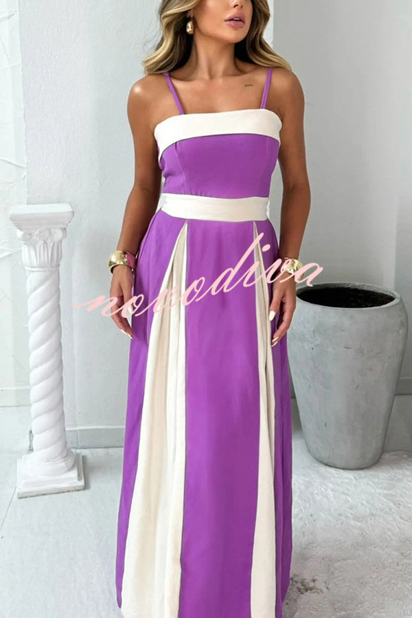 Fashion Contrast Color Sling Back Pleated Lace Up Maxi Dress