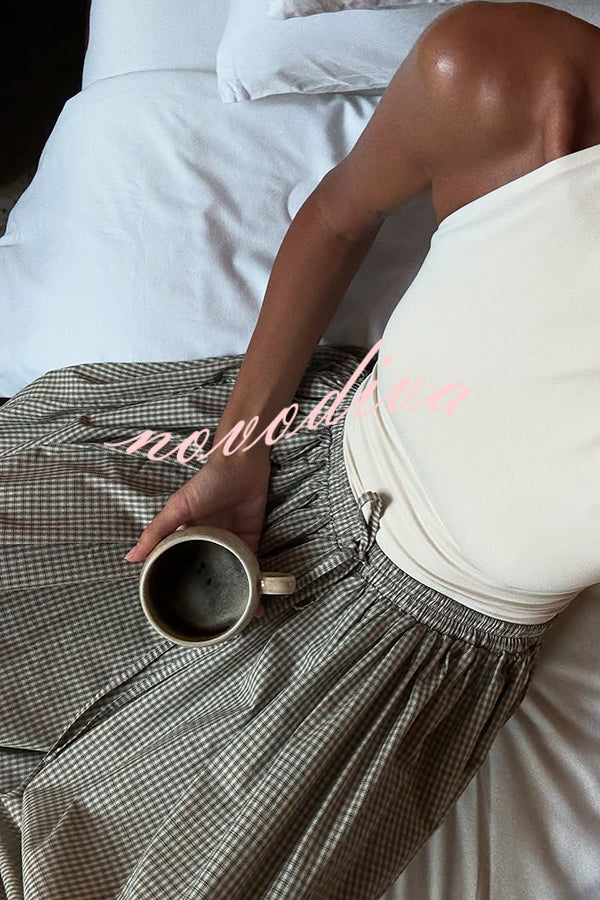 Fashion Plaid Print Elastic Waist Pocket Loose Wide-leg Pants