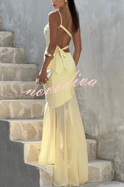 Fable Satin One Shoulder Back Adjustable Straps Contrast Chiffon Hem Maxi Dress