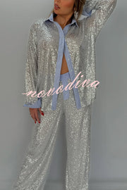 Fashion Sequined Loose Long-sleeved Shirt and Casual Elastic Waist Wide-leg Pants Set