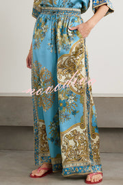 Satin Floral Print Loose Shirt and Elastic Waist Pocket Casual Wide-leg Pants