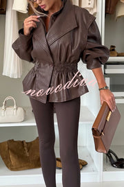 Play It Cool Faux Leather Single Button Elastic Waist Lapel Moto Jacket