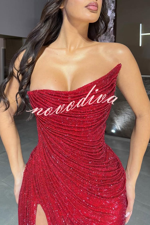 Lysette Sequin Pleated Design Irregular Off-shoulder Slit Drape Gown Maxi Dress