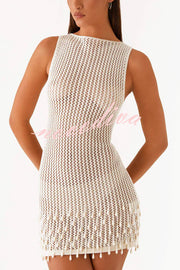 Fashion Knit Hollow Beaded Tassel Embellished Sleeveless Slim Mini Dress