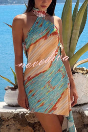 Unique Print Sexy Open Back Lace-Up Holiday Mini Dress