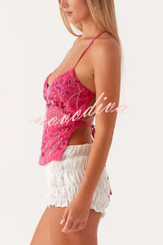 Dazzling Sequin Beaded Material Back Lace-up Loose Tank