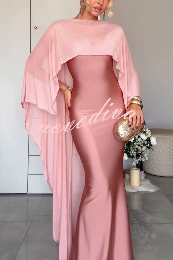 Party Charm Satin Sheer Chiffon High Low Cape Slip Maxi Dress