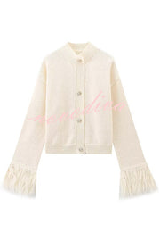 Solid Color Elegant Feather Long Sleeve Casual Knitted Cardigan
