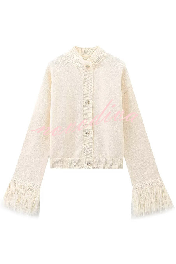 Solid Color Elegant Feather Long Sleeve Casual Knitted Cardigan