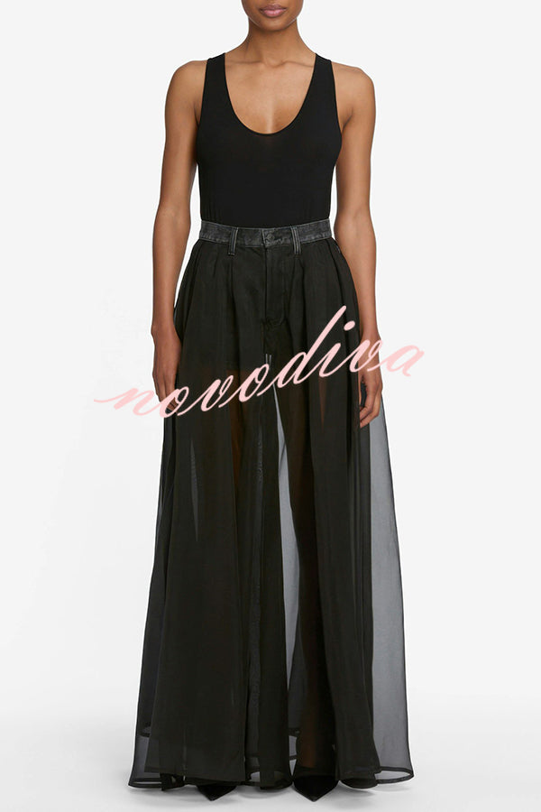 Avant-garde Fashion Denim Flowing Organza Patchwork Pocketed Wide Leg Jeans